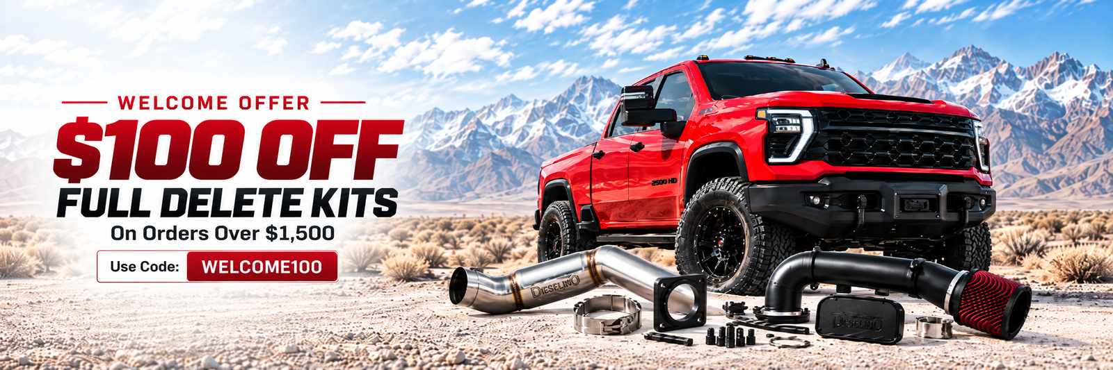 Dieselino welcome offer with $100 off full delete kits on orders over $1,500 with code WELCOME100
