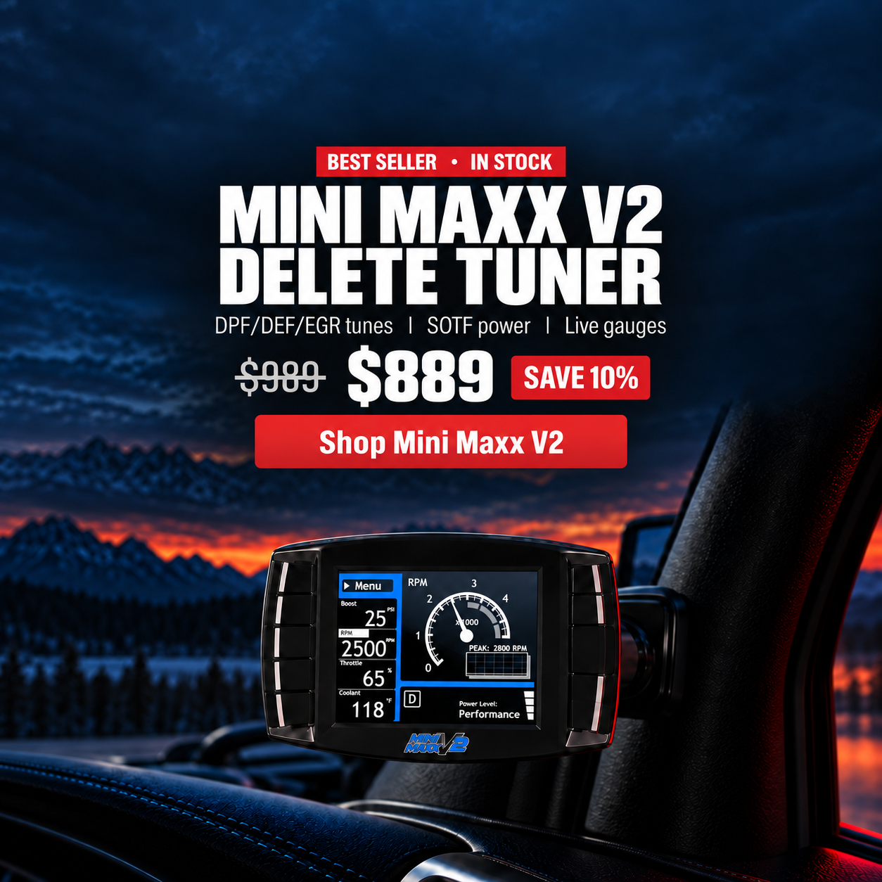 Mini Maxx V2 delete tuner mounted on truck A-pillar showing live gauges, now $889, save 10%