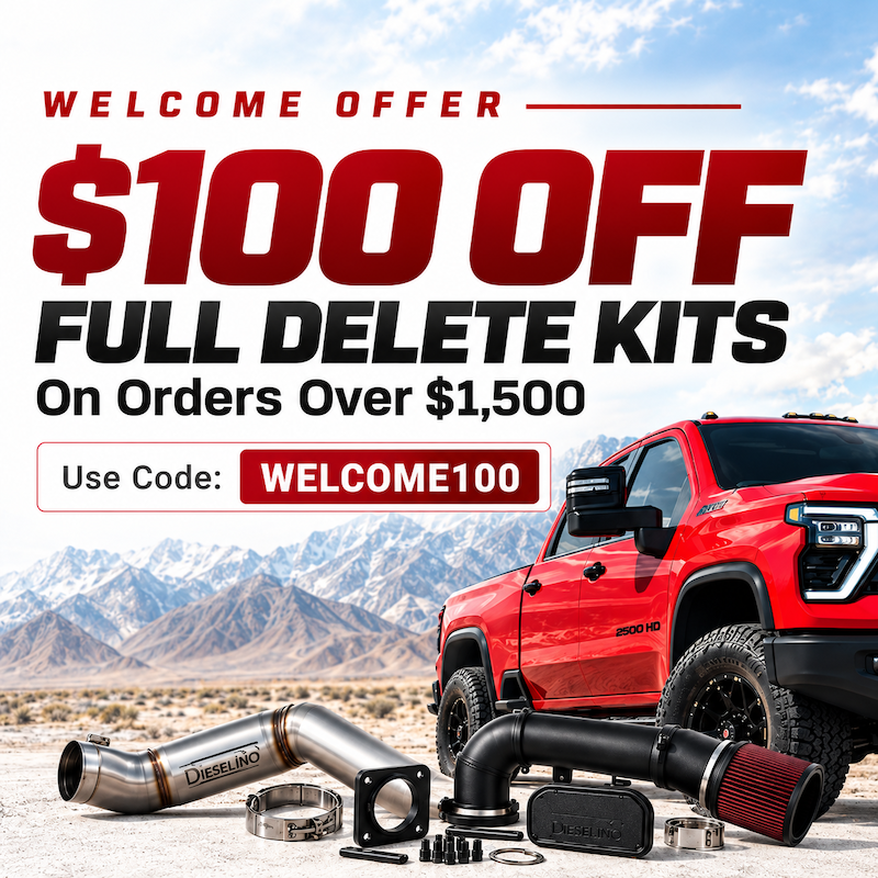 Dieselino welcome offer with $100 off full delete kits on orders over $1,500 with code WELCOME100