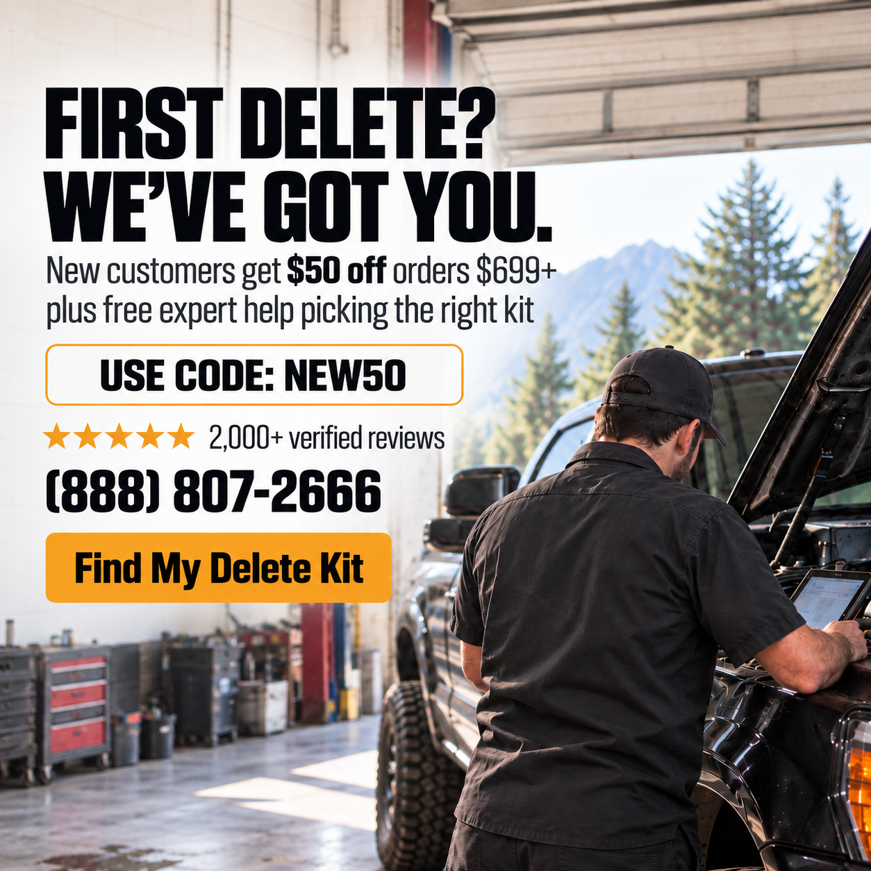 New Dieselino customers get $50 off delete kits $699+ with code NEW50 plus free expert help choosing the right kit